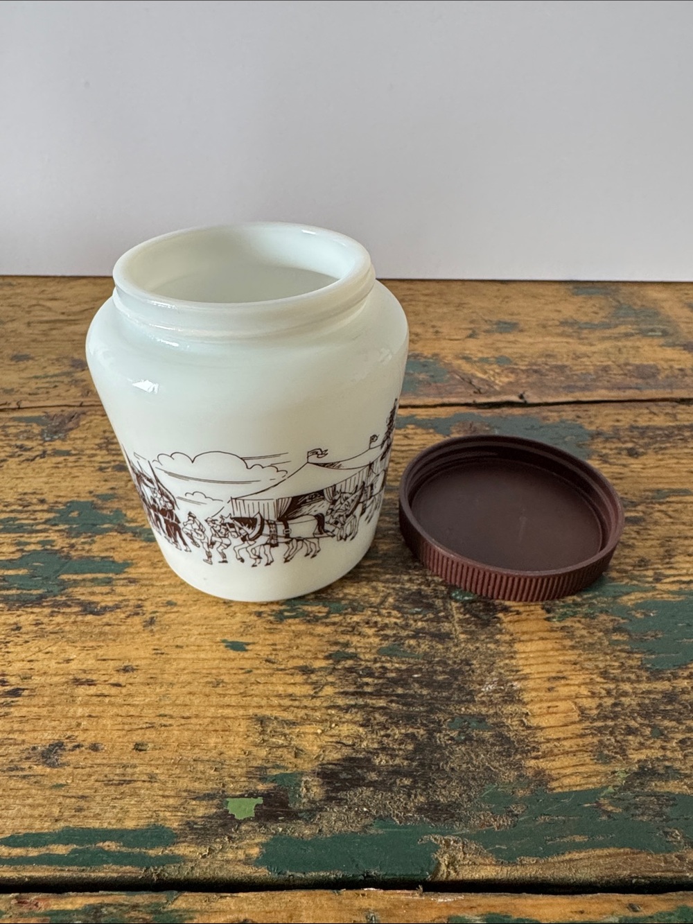 Vintage Milk Glass Jar with Brown Lid and Country Scene - Picture 4 of 6
